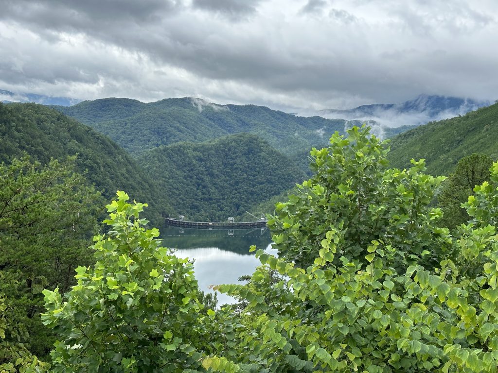 A view of the Calderwood Lake dam from the Tail of the Dragon.